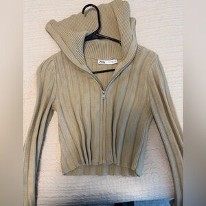 Zara Ribbed Zip-Up Sweater in Tan